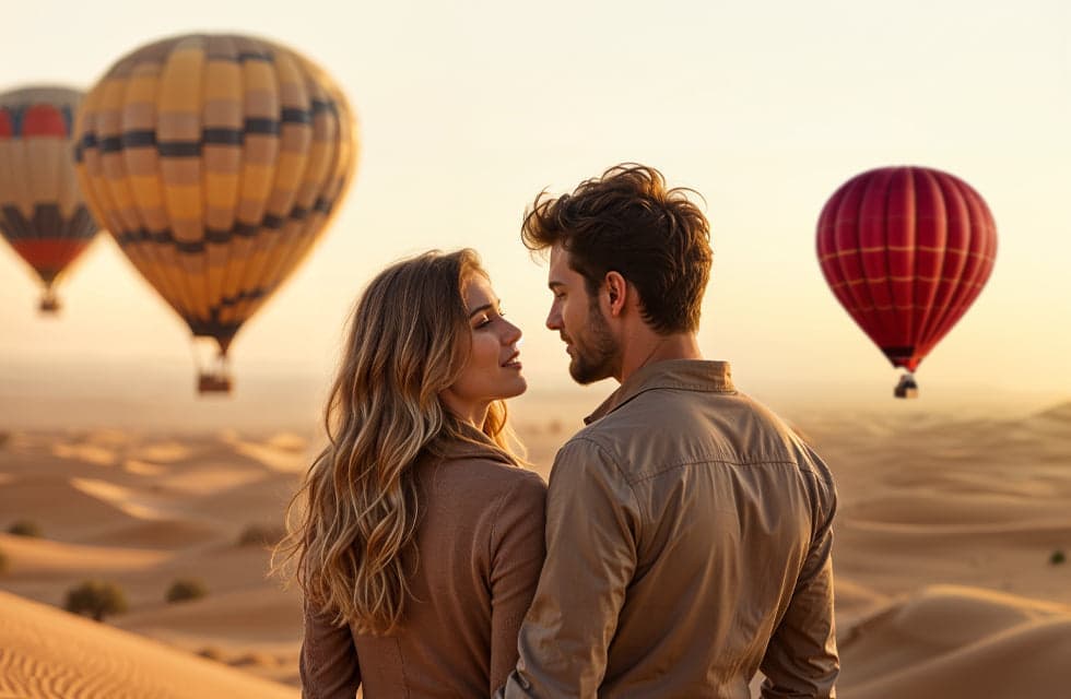 Romantic Hot Air Balloon Ride for Two Over Dubai’s Desert with Red Roses