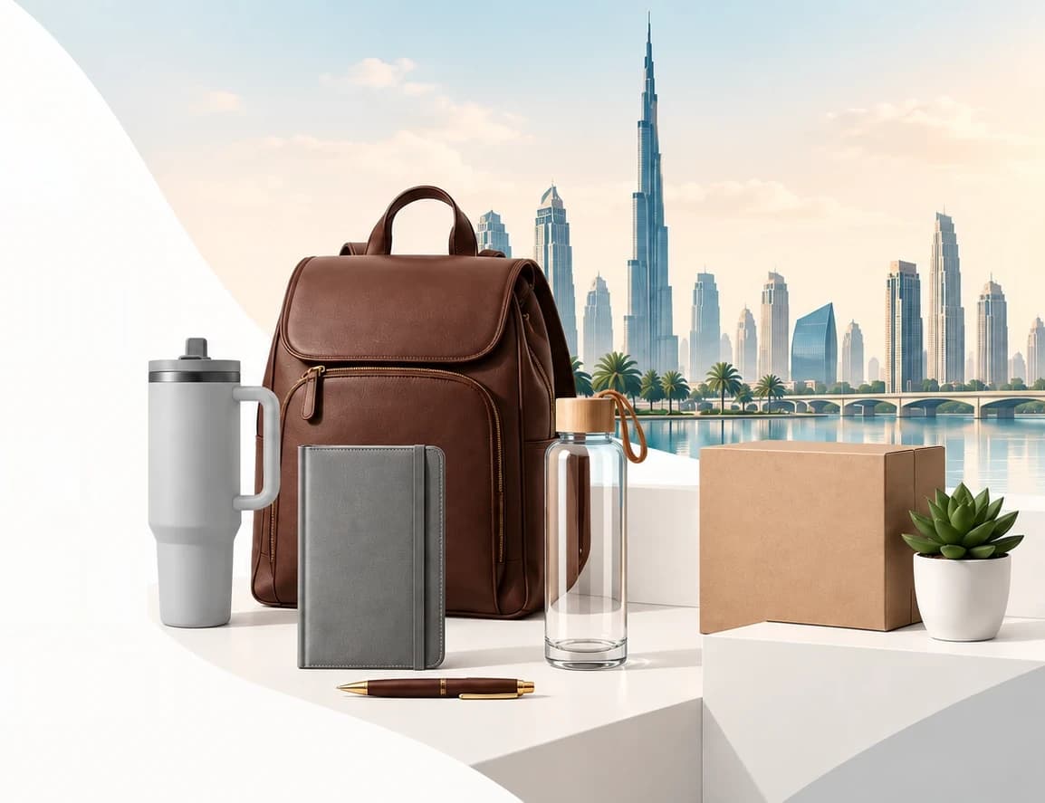 Branded backpack, tumbler, notebook, water bottle, pen and gift box on a podium against the Dubai skyline